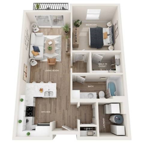 A 3D floor plan of a small apartment with a living room, kitchen, bathroom, and bedroom.