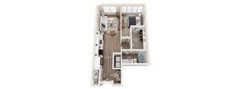 A diagram of a small apartment with a living room, kitchen, bathroom, and bedroom.