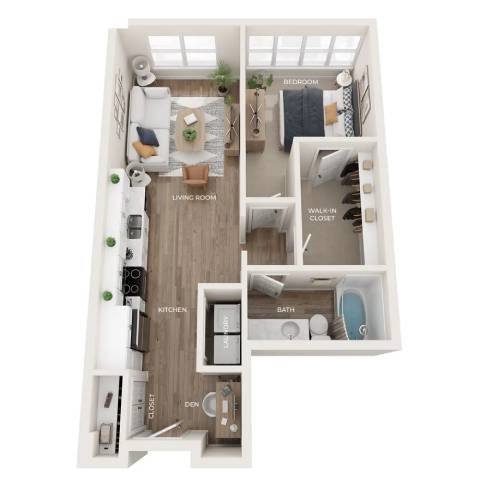 A diagram of a small apartment with a living room, kitchen, bathroom, and bedroom.