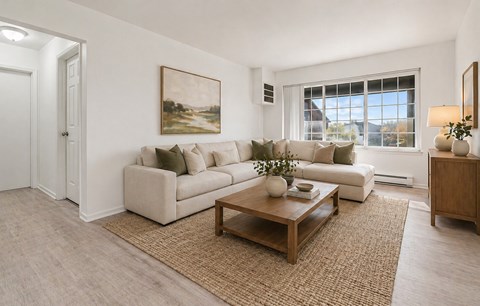 A living room with a white couch, a brown coffee table, and a painting on the wall.