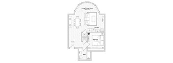 A floor plan of a house with a living/dining room, kitchen, bedroom, and bathroom.