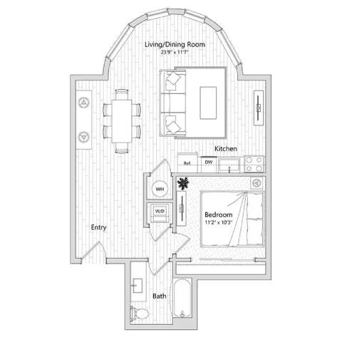 A floor plan of a house with a living/dining room, kitchen, bedroom, and bathroom.