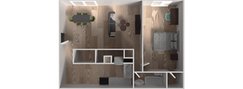 A top-down view of a room with a couch, a chair, a table, and a TV.