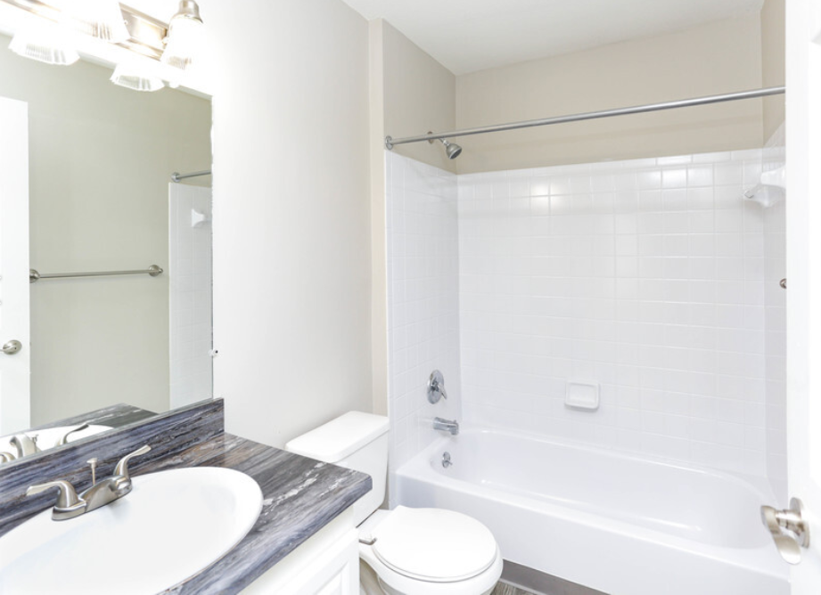 a bathroom with a tub and a sink and a mirror