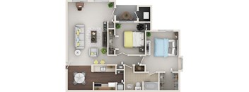A top-down view of a well-organized apartment with a kitchen, living room, and bathroom.