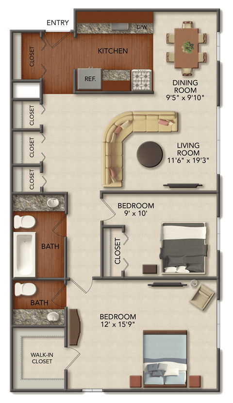 a floor plan of a small house with bedrooms and a living room and a kitchen