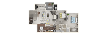 A floor plan of a house with a living room, dining room, kitchen, and bathrooms.