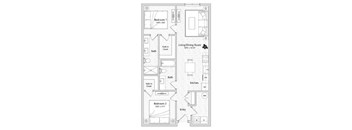 A black and white image of a floor plan for a two bedroom apartment.