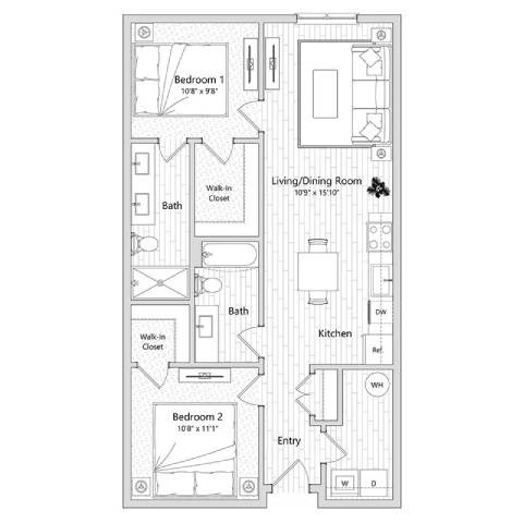 A black and white image of a floor plan for a two bedroom apartment.