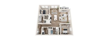A 3D layout of a small apartment with labeled rooms such as "Kitchen", "Dining Room", and "Bedroom #2".