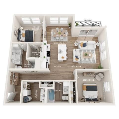 A 3D layout of a small apartment with labeled rooms such as "Kitchen", "Dining Room", and "Bedroom #2".