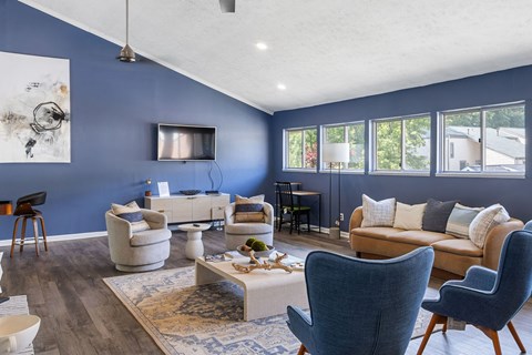 A living room with a white sofa and a blue chair.