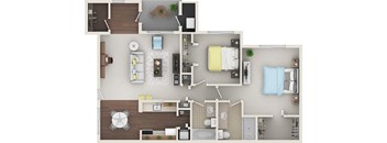 A top-down view of a small apartment with a kitchen, living room, and bathroom.