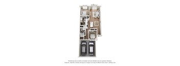 A 3D floor plan of a house with two bedrooms and two bathrooms.