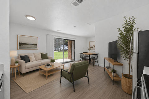A living room with a couch, chair, and a television.