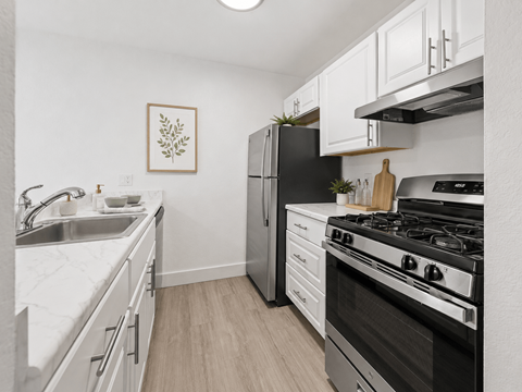 A kitchen with a black stove top oven and white cabinets.