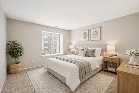 A bedroom with a large bed, a nightstand, and a plant.