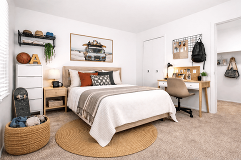 A bedroom with a bed, desk, chair, and a rug.