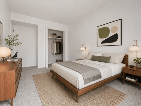 A bedroom with a bed, nightstand, and a painting on the wall.