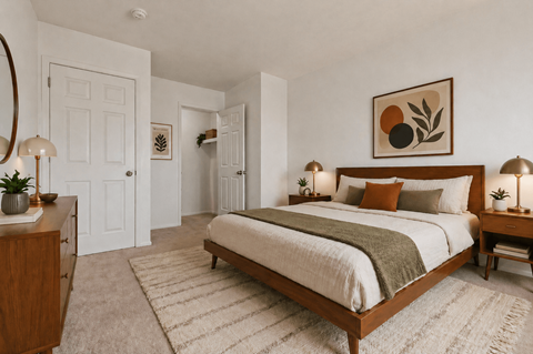 A bedroom with a large bed and a painting above it.