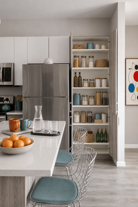A kitchen with a refrigerator, a bowl of oranges, and a painting on the wall.