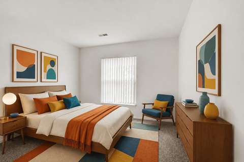 A bedroom with a bed, chair, and two framed pictures on the wall.