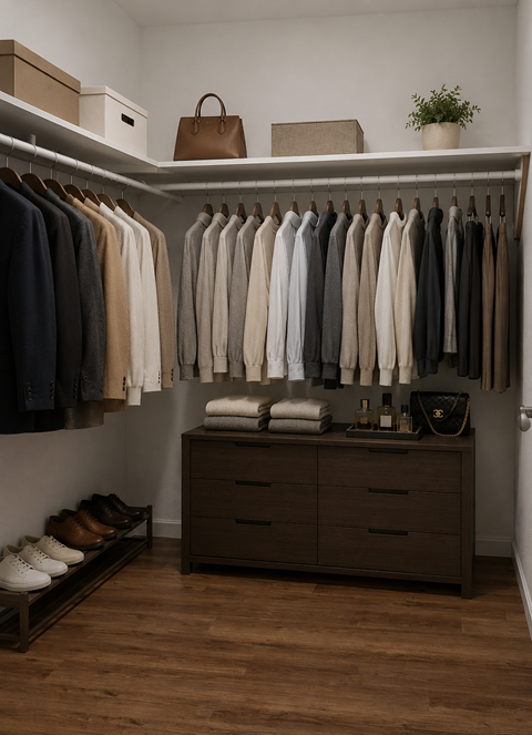 A closet with a brown shelf and clothes hanging.