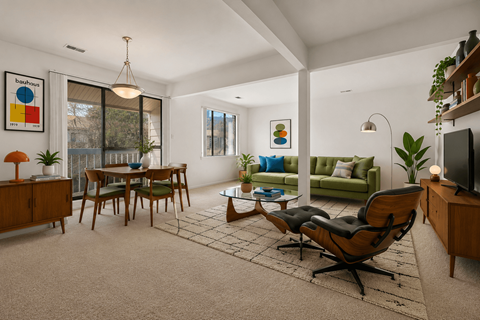 A living room with a green couch and a wooden chair.