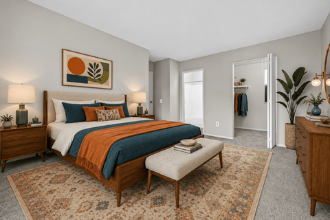 A bedroom with a large bed and a painting on the wall.