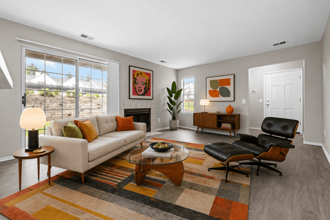 A living room with a couch, chair, and a rug.