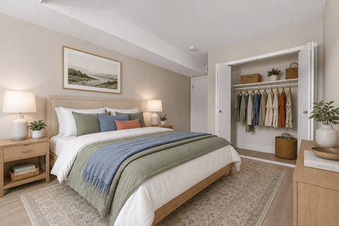 A bedroom with a large bed and a wardrobe with clothes hanging on it.