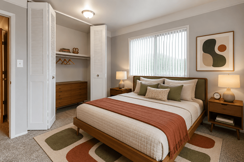 A bedroom with a large bed and a wooden nightstand.
