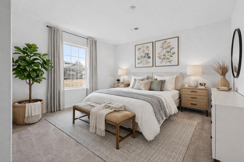 A well-lit bedroom with a large bed and a potted plant.