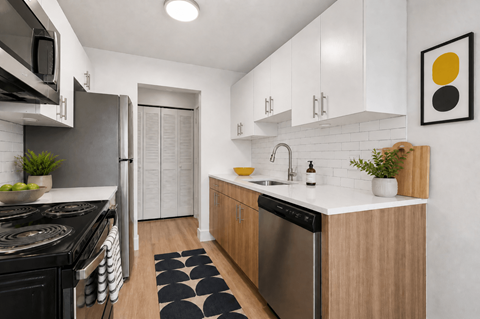 A modern kitchen with a black stove top oven and a black and white rug on the floor.