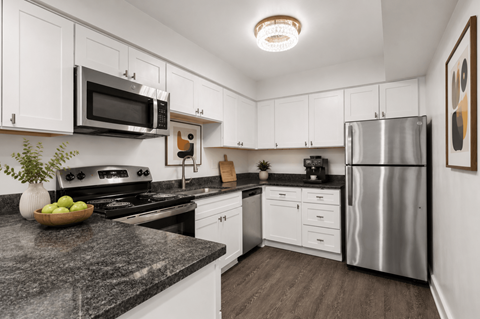 A kitchen with a granite countertop and stainless steel appliances.