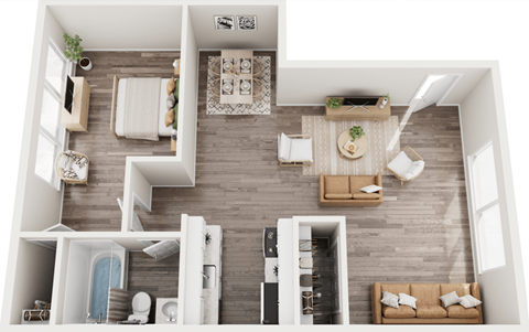 a view of the living room and dining room from above