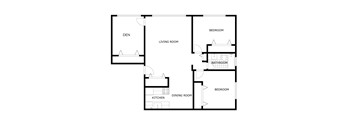 A floor plan of a house with a den, two bedrooms, a bathroom, a kitchen, and a dining room.