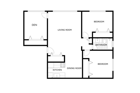 A floor plan of a house with a den, two bedrooms, a bathroom, a kitchen, and a dining room.