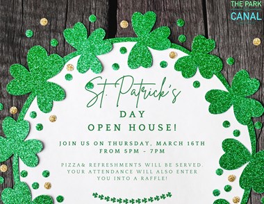 a template for a st patricks day open house invitation with green shamrocks and gold