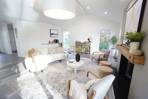 a living room with white furniture and a white rug