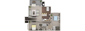 A top-down view of a house layout with a living room, kitchen, dining area, and bathroom.