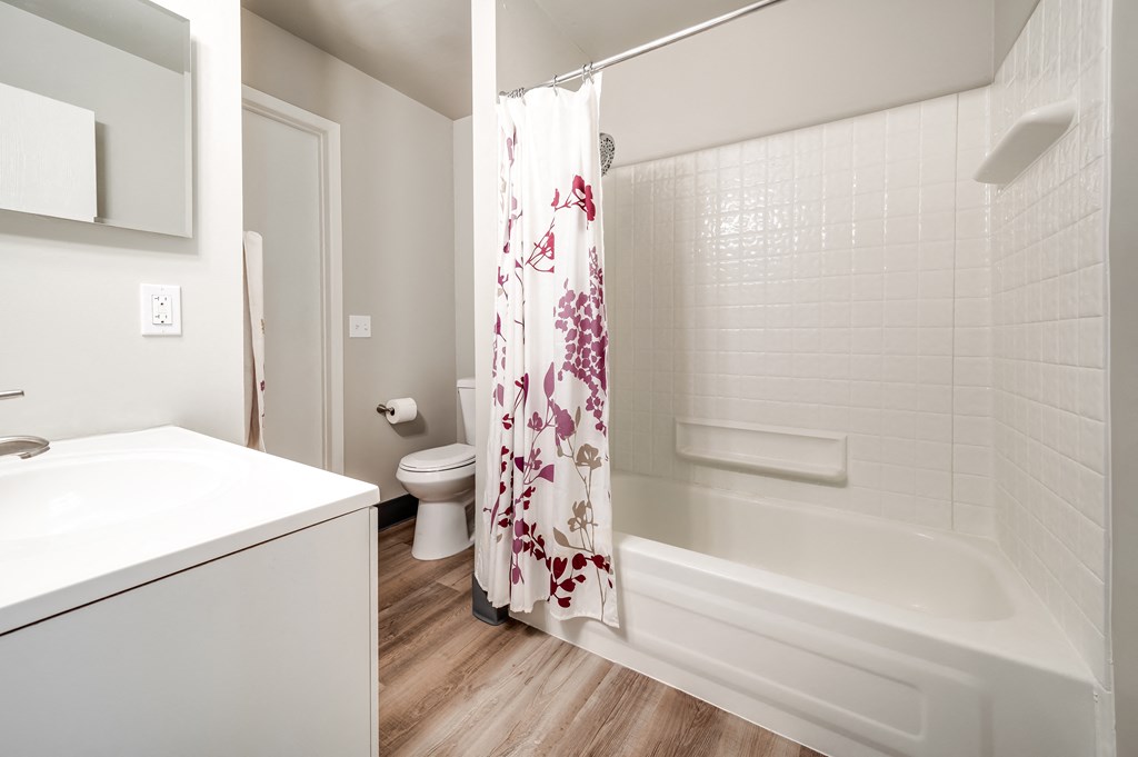 a bathroom with a shower and a toilet and a sink
