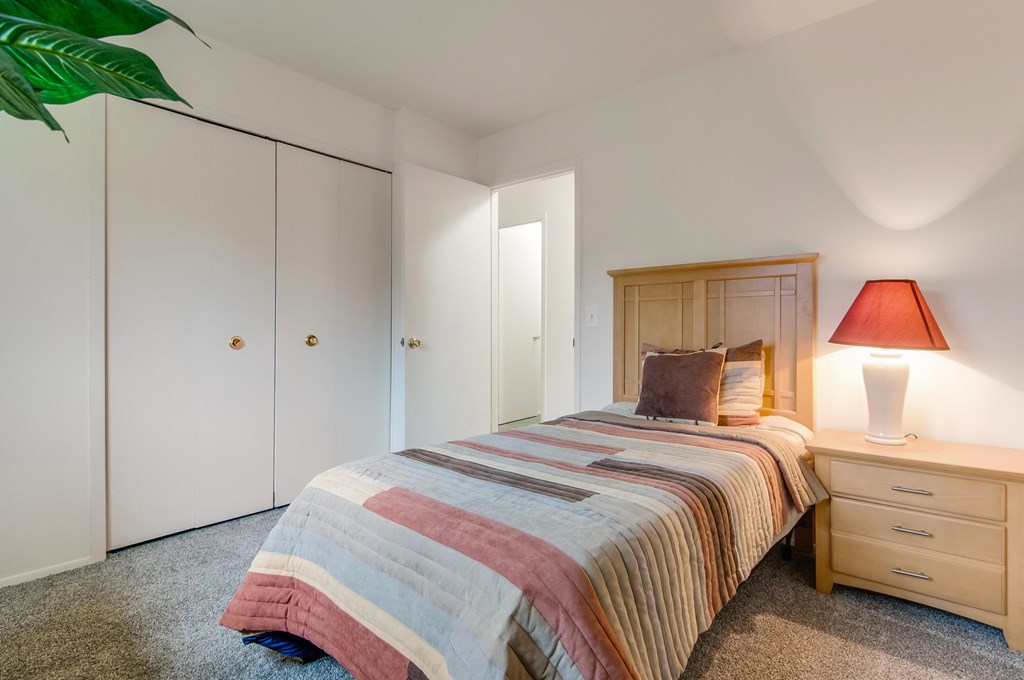 a bedroom with a bed and closet and a lamp