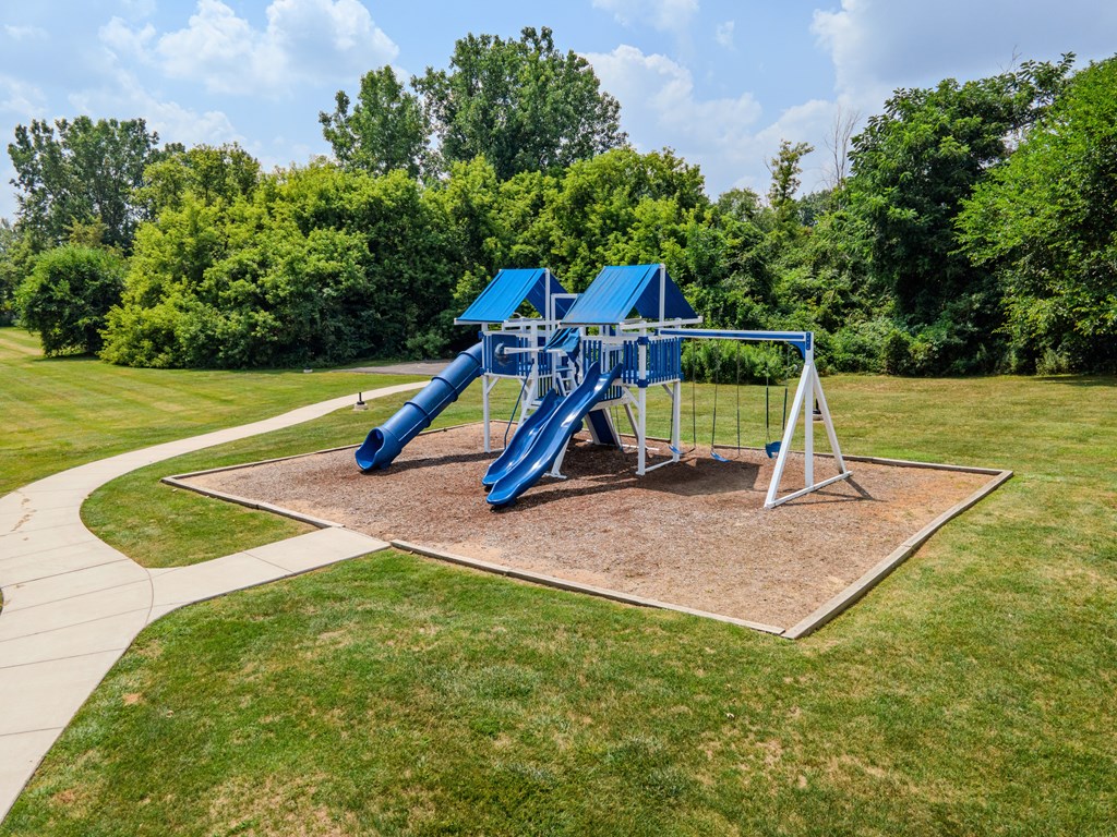A blue and white playground slide in a park.