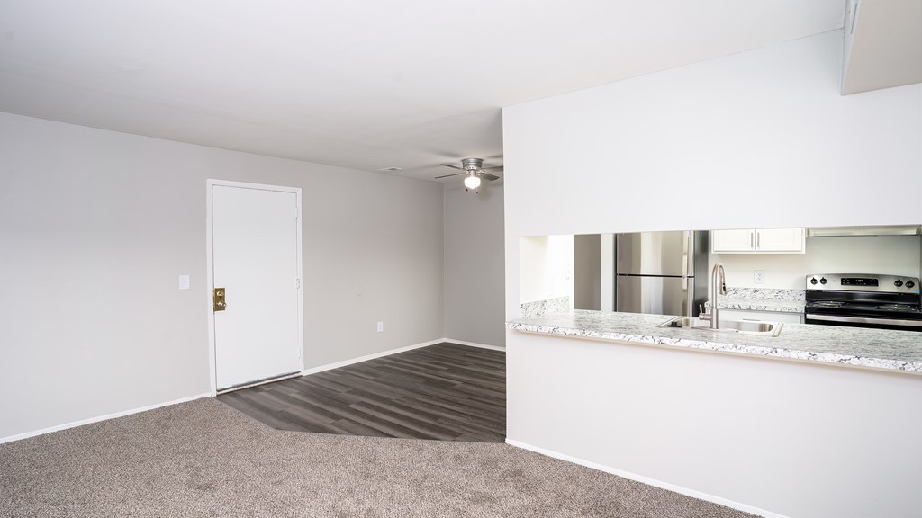 A white room with a carpeted floor and a white door.