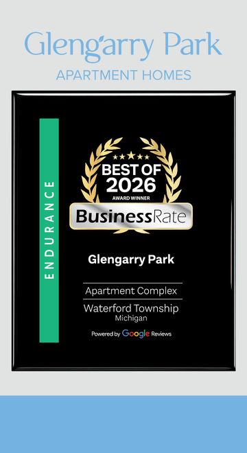 A poster advertising Glengarry Park Apartment Homes, which has won the BusinessRate Best of 2026 award.