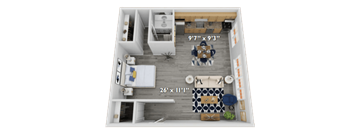 a bedroom floor plan with a bathroom and a living room