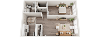 a 3d rendering of the living room and bedroom of a 2100 sq ft apartment