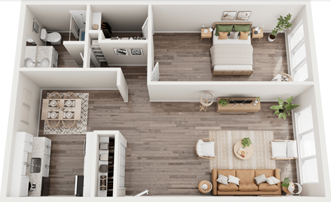 a 3d rendering of the living room and bedroom of a 2100 sq ft apartment