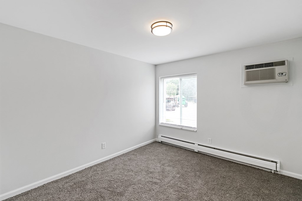 A room with a window and a carpet on the floor.
